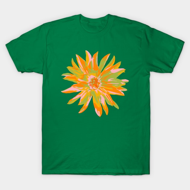 DAHLIA BURSTS Abstract Blooming Floral Summer Bright Flowers - Orange Yellow Blush Lime Green on Orange - UnBlink Studio by Jackie Tahara T-Shirt by UnBlink Studio by Jackie Tahara